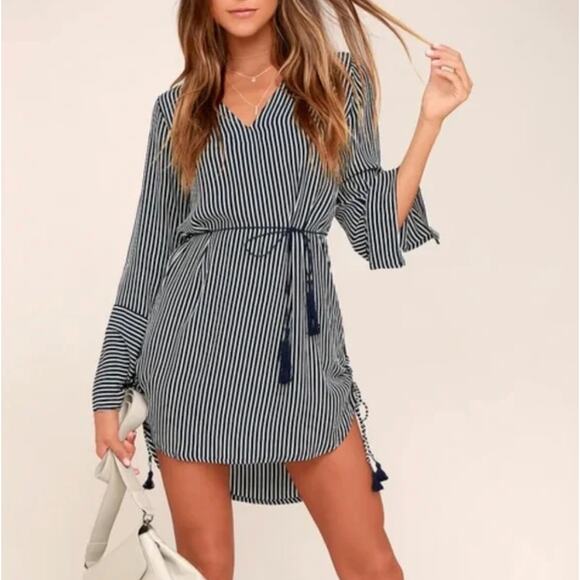 Faithfull the Brand Dresses & Skirts - FAITHFULL THE BRAND Neroli Navy Blue Striped Long Sleeve Dress Tassel {TT35}